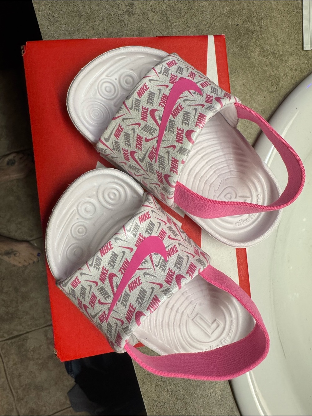 Nike Pink and White Girls' Slide Sandals with Back Strap